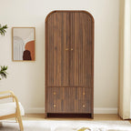 LEVNARY Arched Armoire Wardrobe Closet, Mid-Century Modern 2-Door Freestanding Wardrobe with Hanging Rod and 2 Drawers, Fluted Carved Clothing Storage Cabinet for Bedroom (Walnut)