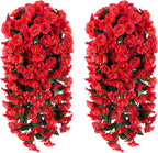 Artificial Fake Hanging Flowers Plants for Outdoor Outside Decoration, 2PCS Faux Silk UV Resistant Look Real Red Morning Glory Trailing Vines for Home Planter Wedding Party Garden Patio Porch