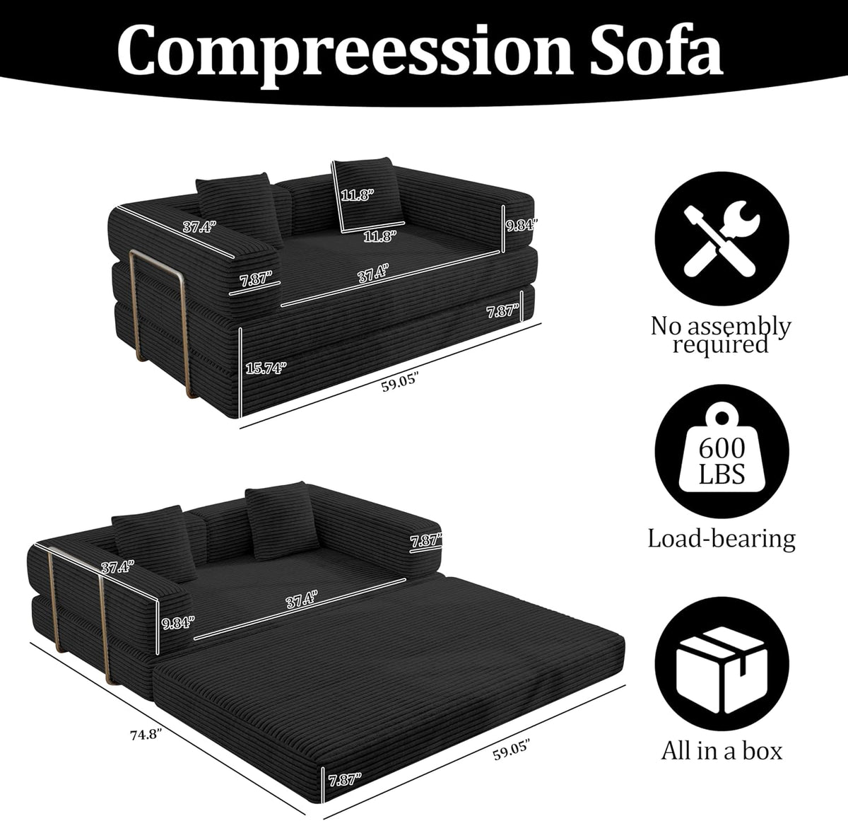 BSHOMGI Convertible Futon Sofa Bed, Couch for Living Room,Modular Futon Couch with Fixed-Shape Frame Corduroy Loveseat Sleeper Sofas with Pull-Out Couches for Small Space Apartment