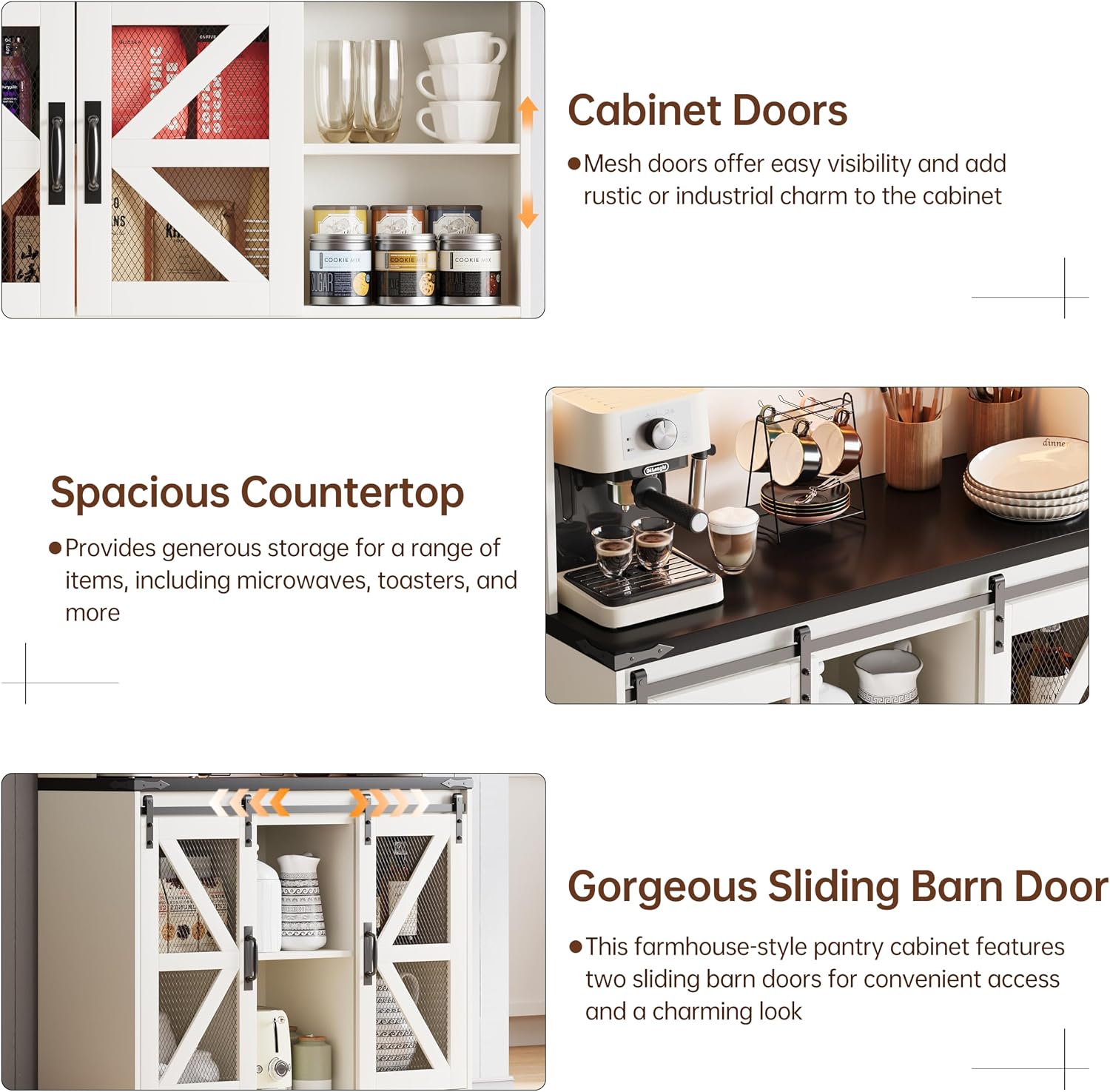 71" Tall Farmhouse Pantry Storage Cabinet With LED Lights and Charging Station, Adjustable Shelves, Sliding Doors, Kitchen Cupboard, White