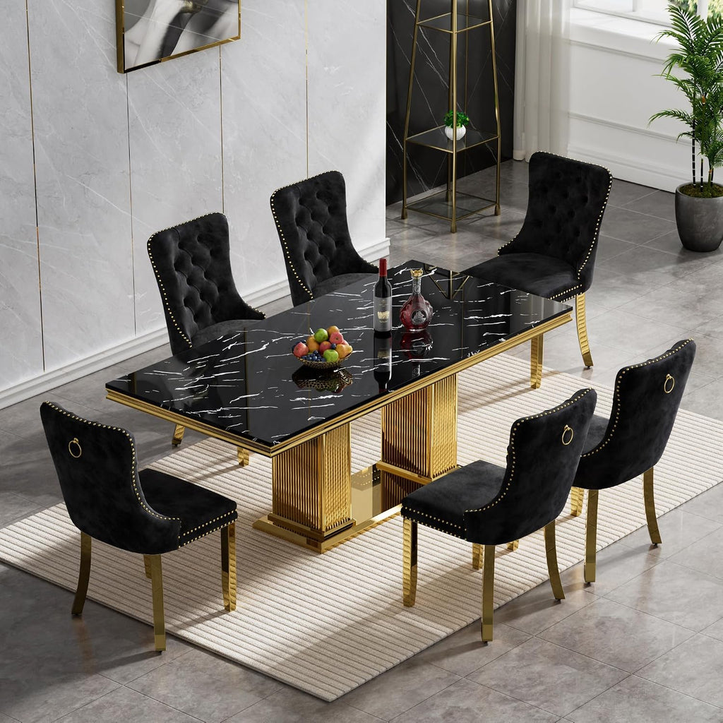 7-Piece Dining Table Set for 6, 68" Black Marble Kitchen Table with 6 Black Chairs,Modern Rectangle Dinner Table and Chairs Set with Double Column Stainless Steel Legs for Kitchen & Dining Room