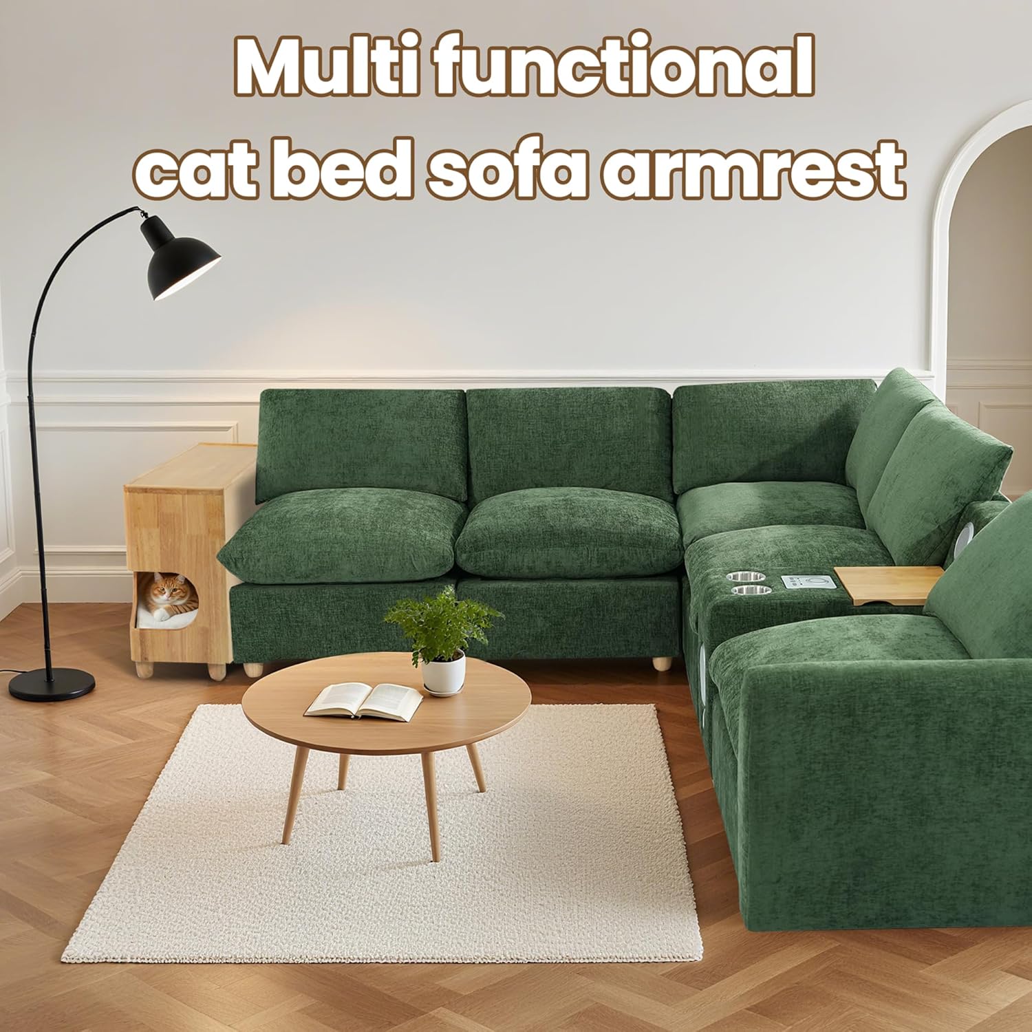 Brelice Sofa Armrest Side Table with Hidden Cat Bed and Storage, Chenille Couch Arm Rest Organizer for Sectional Sofa, Left/Right Side for Living Room