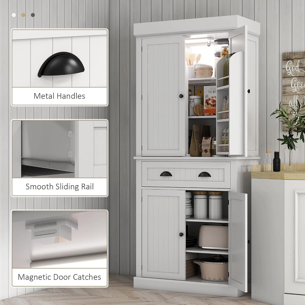 HOMCOM 71" Kitchen Pantry Cabinet LED Motion Sensor Light Drawer White | Tall Storage Cabinet, 6 Door Shelves, Adjustable Shelves, Living & Dining Room