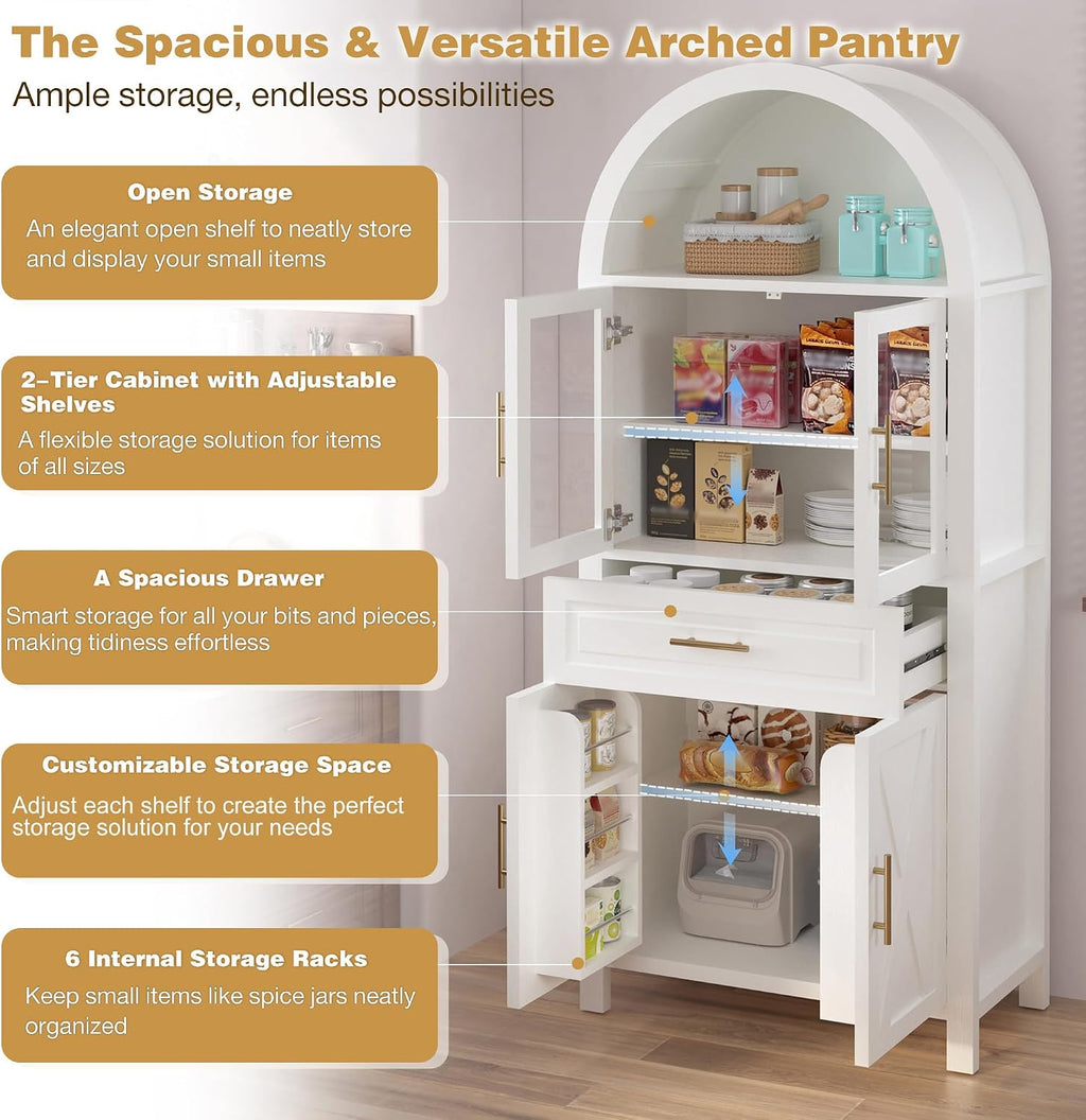 71" Tall Arched Kitchen Pantry Cabinet, Farmhouse Pantry Cabinet with Glass Door & 6 Internal Storage Racks, Adjustable Shelves Storage Cabinets for Kitchen, Living Room, Dining Room, Bathroom