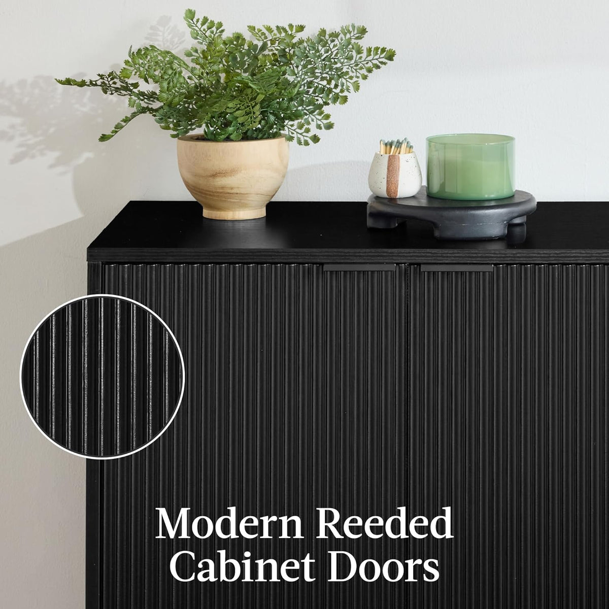 Best Choice Products 55" Modern 4-Door Sideboard Storage Cabinet, Buffet, Media Cabinet, Cupboard, Entryway Accent Table, Bookcase w/Reed Panels and Adjustable Shelves - Black