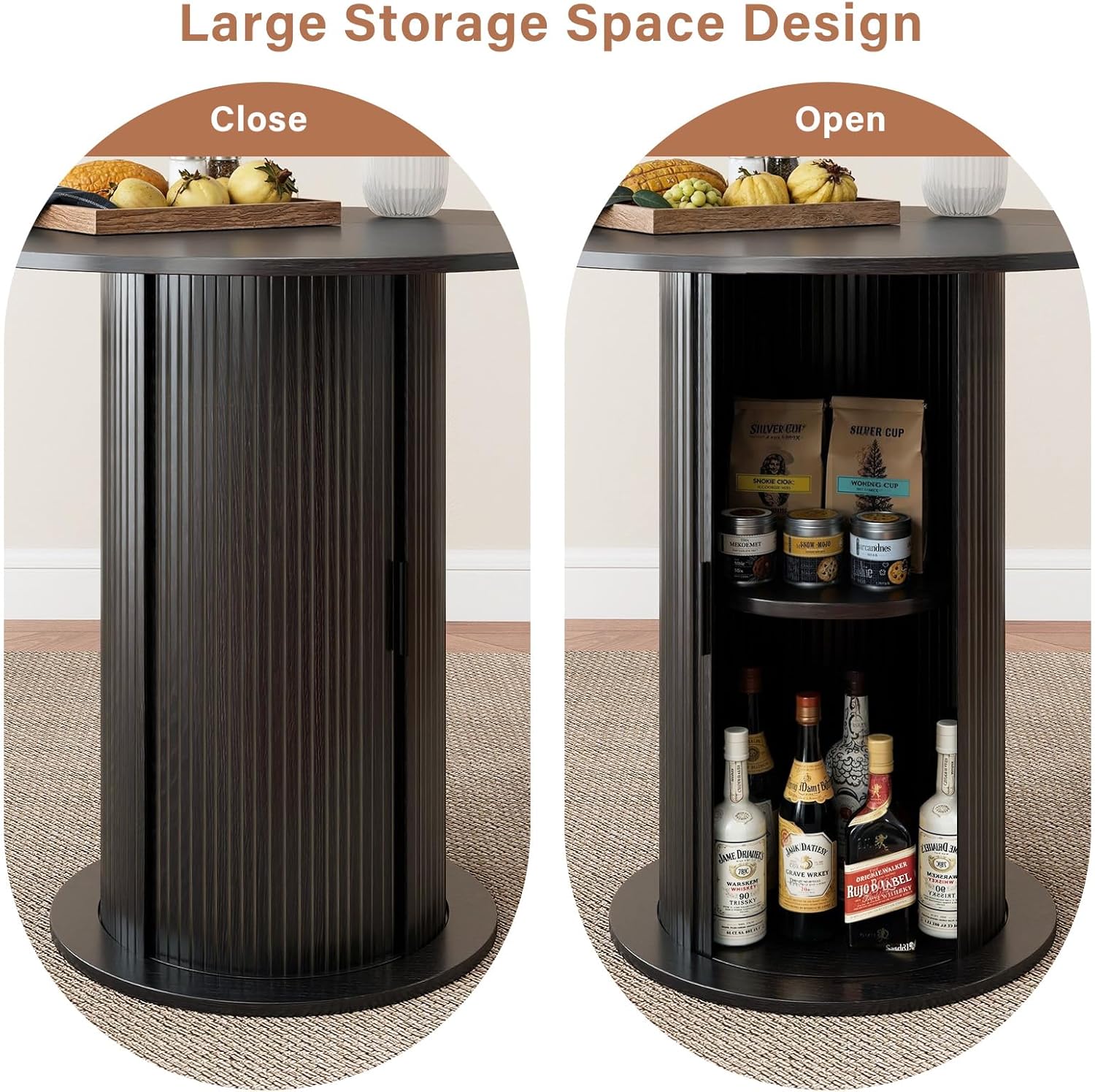 Round Dining Table with Storage,31.5" Modern Storage Kitchen Table for 2-4 People with Curved Sliding Door Fluted Wood Thickened Tabletop for Dining Room/Kitchen/Living Room,Black