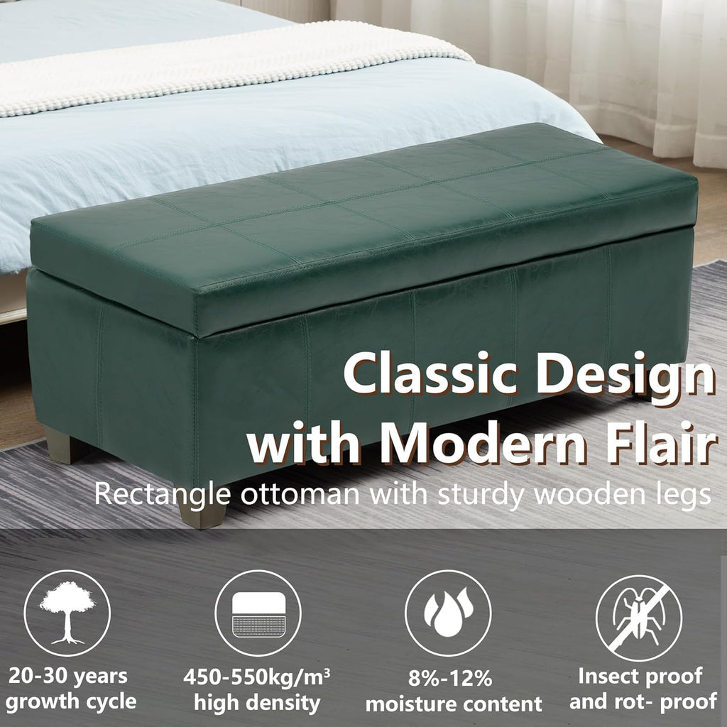 51 Inch Storage Ottoman, Storage Bench with Safety Hinge, Upholstered Synthetic Leather Ottoman Bench for Bedroom, Living Room, Entryway, Hallway, Foot Rest, Support 500lbs
