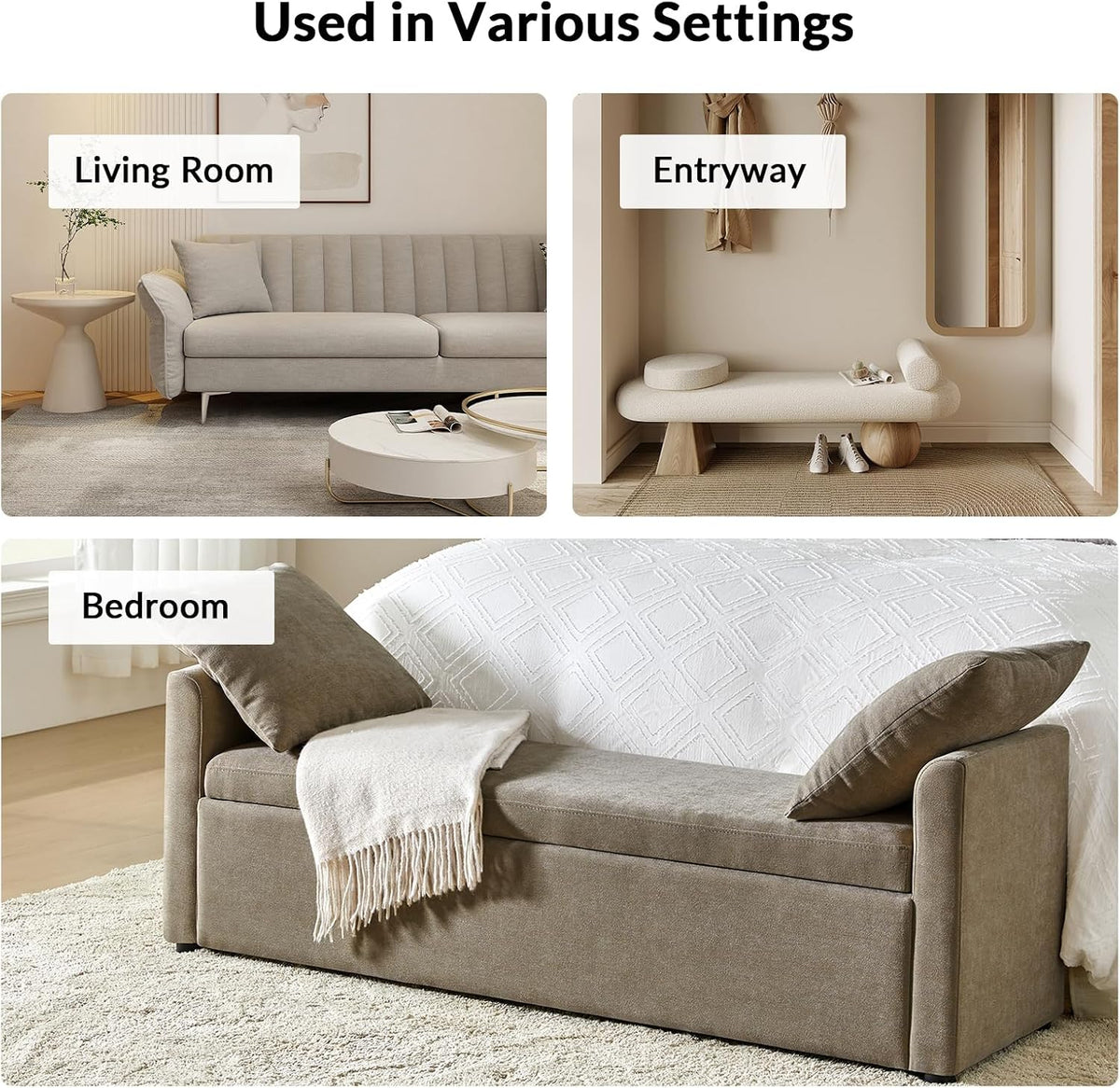 59.5" Modern Storage Ottoman Bedroom Bench, End of Bed Bench with Throw Pillows and Arms, Footrest Stool for Living Room, Dining Room, Entryway and Hallway, Brown