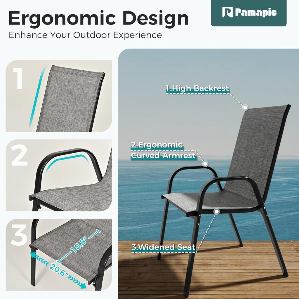 Pamapic Outdoor Dining Sets for 6, Rectangular Steel Slat Table with 6 Textilene Chairs, 7 Piece Patio Table and Chairs Set with Umbrella Hole for Patio, Backyard, Poolside (Grey, No Umbrella)
