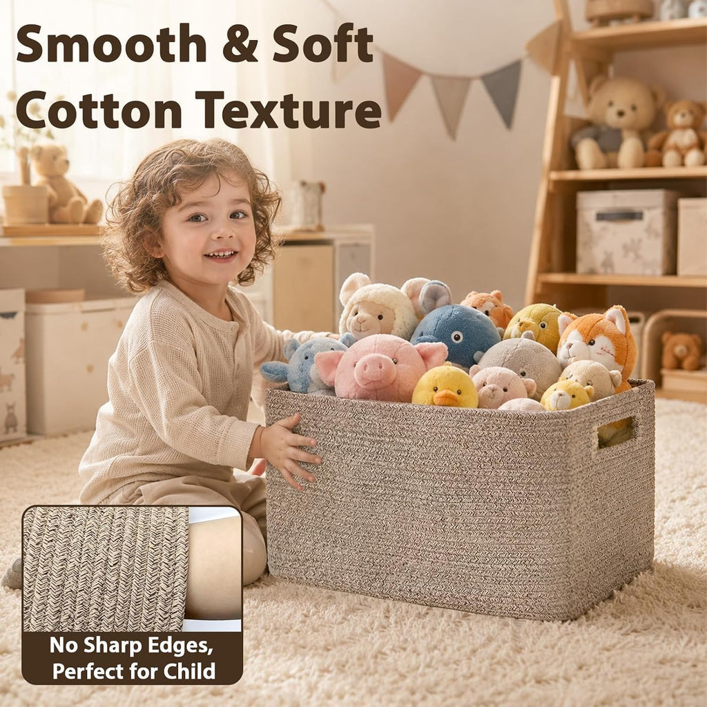 Optish 75L Large Woven Blanket Basket, Storage Basket with Handles, Brown | Sturdy Cotton Rope Basket Organizer Blanket, a lot of Toys, Comforter, Pillow, Bedroom, Living Room, Bathroom, Easy to Carry