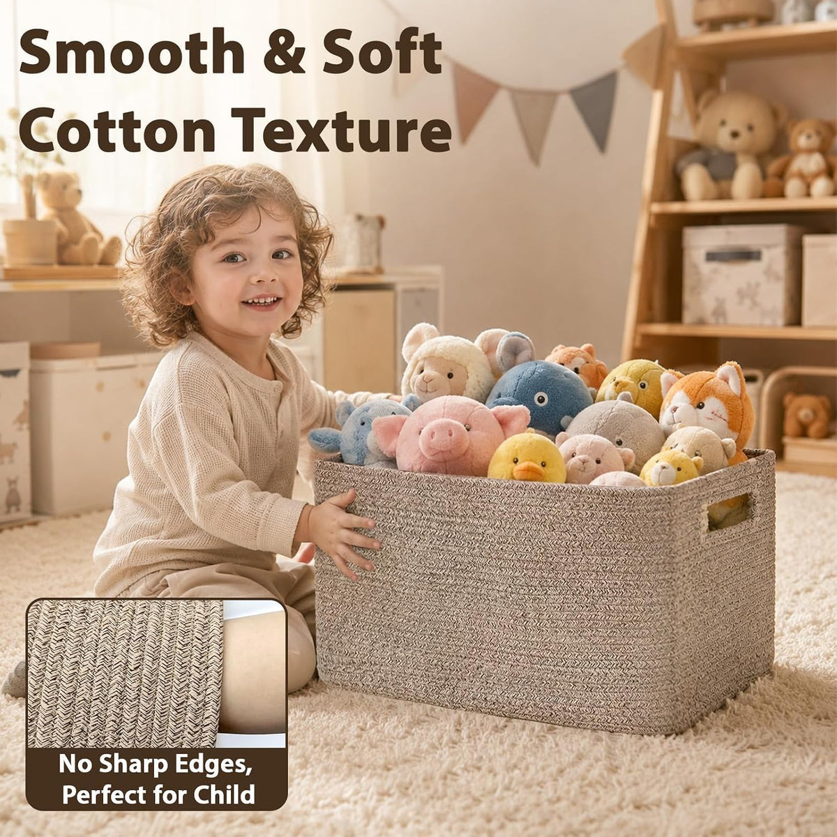Optish 75L Large Woven Blanket Basket, Storage Basket with Handles, Brown | Sturdy Cotton Rope Basket Organizer Blanket, a lot of Toys, Comforter, Pillow, Bedroom, Living Room, Bathroom, Easy to Carry