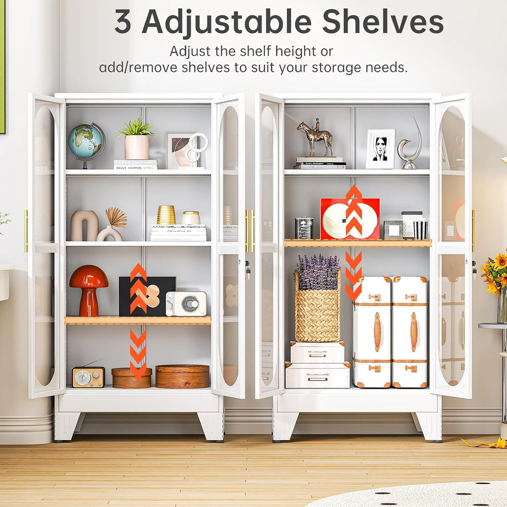 61" H Locking Display Cabinet with Glass Door, Tall Storage Cabinet with 3 Adjustable Shelves, Metal Curio Cabinet Multi-Purpose Display Case for Collectibles Living Room/Bedroom/Kitchen/Bar