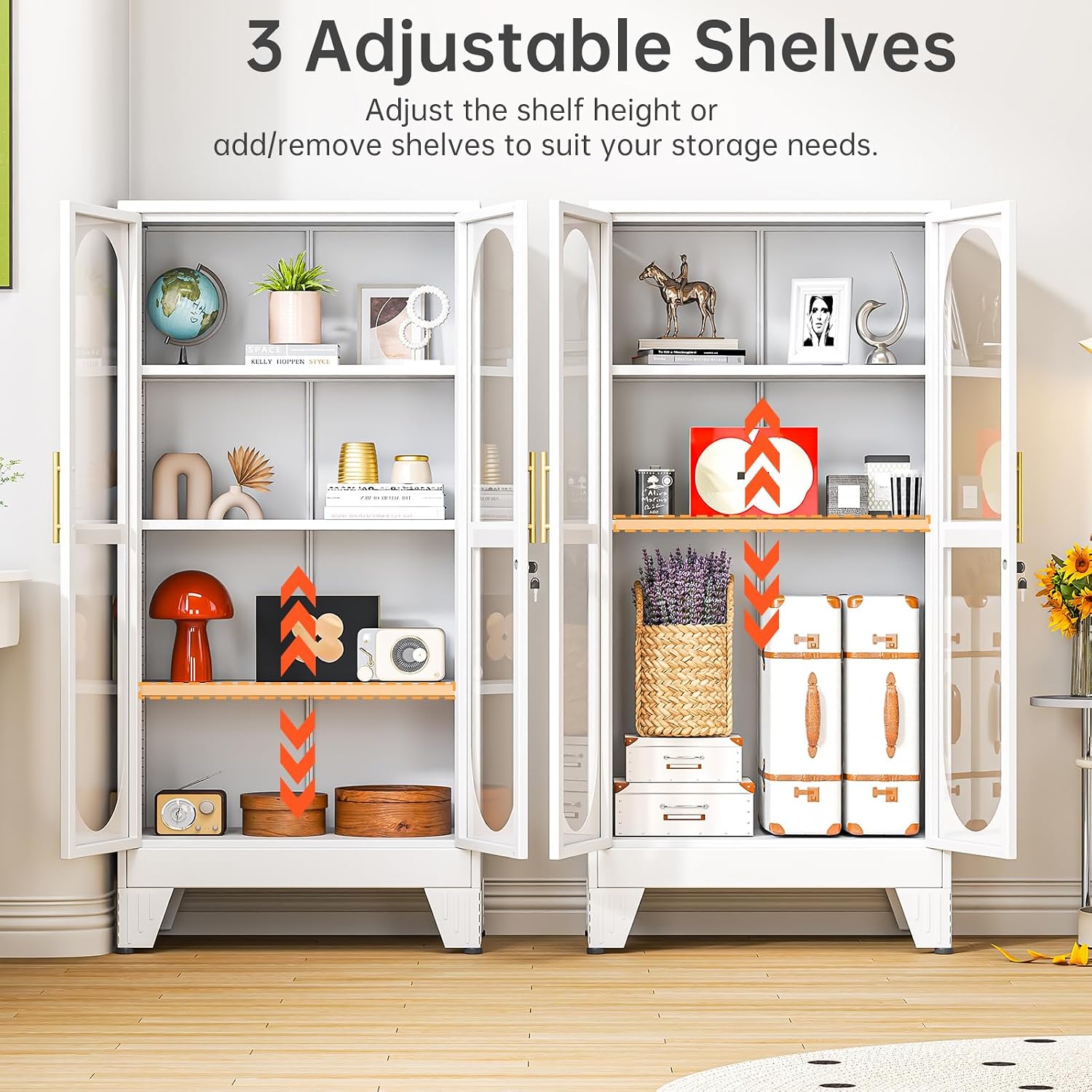 61" H Locking Display Cabinet with Glass Door, Tall Storage Cabinet with 3 Adjustable Shelves, Metal Curio Cabinet Multi-Purpose Display Case for Collectibles Living Room/Bedroom/Kitchen/Bar