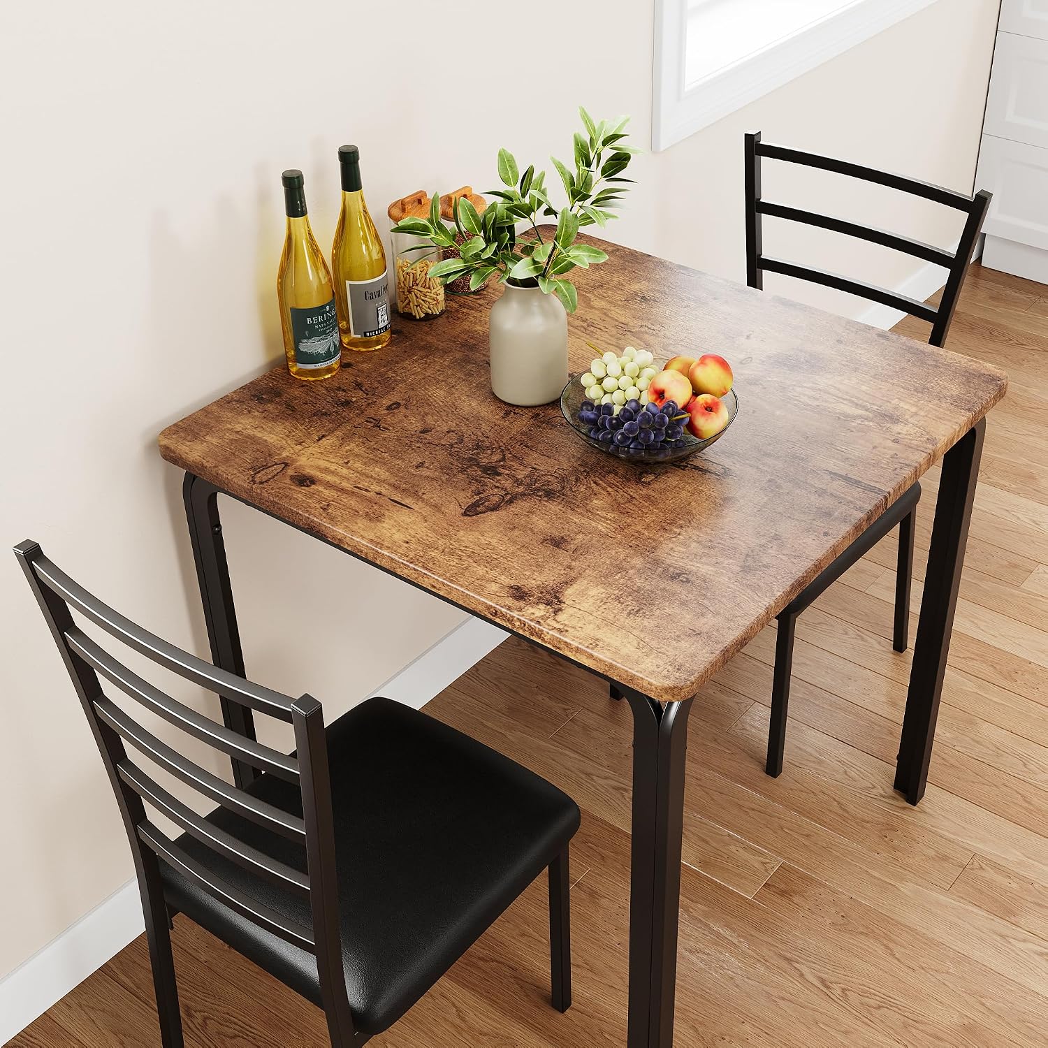 GarveeHome 3-Piece Kitchen Dining Room Table Chair Set for Small Space, Indoor Modern Dinette Set for 2, Square Dinner Table Set for Dinette (Rustic Brown‌, Dining Table with 2 Chairs)