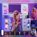 55" Vanity Desk with Mirror & Lights, Fluted Makeup Vanity with 8 Drawers & 4 Cabinets, Tempered Glass Top, RGB Cabinet Lighting, 3-Color Dimmable Mirror, and Charging Station