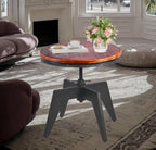 Topower Industrial Retro Round Table End Table Antique Height Ajustable Black Cast Iron Base Bar Table Farmhouse Wood Desktop End Table