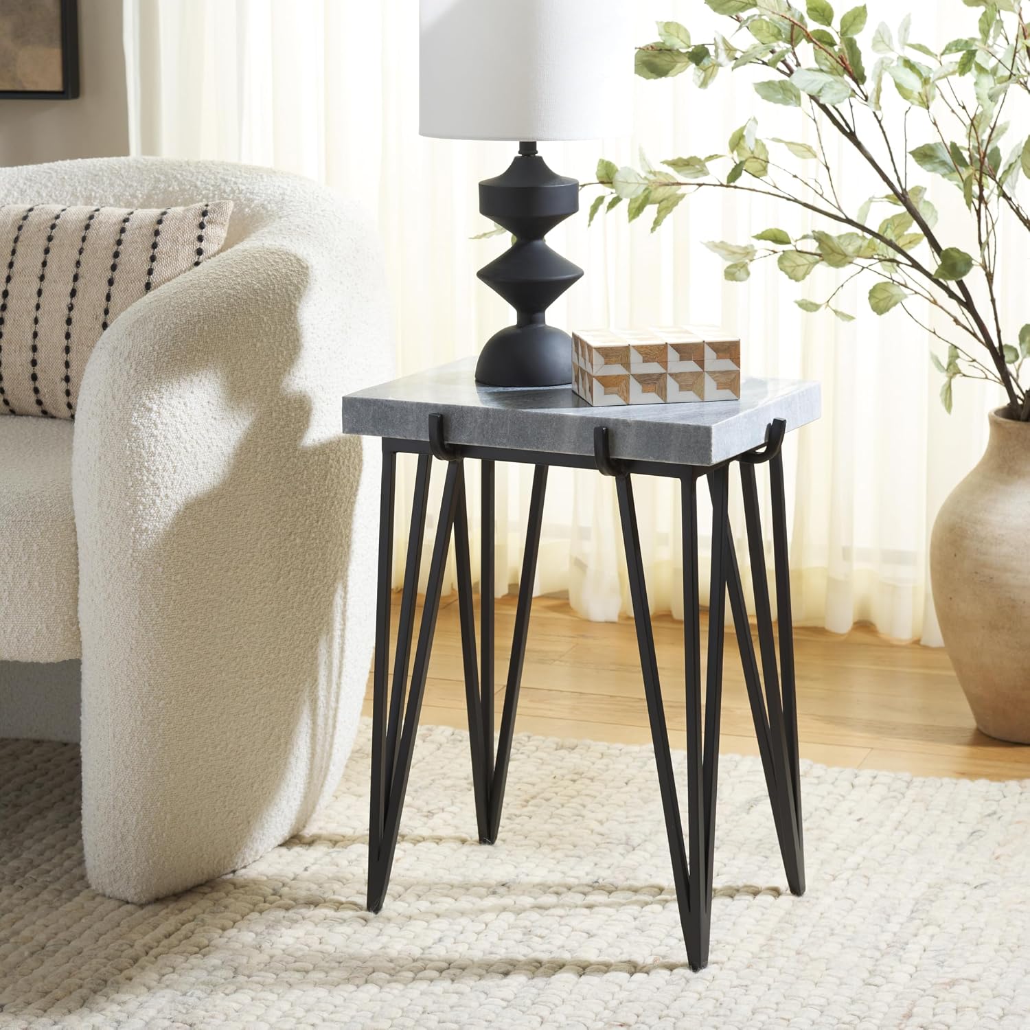 SAFAVIEH Home Collection - Rolf Accent Table, Rectangular Marble Side Table with Black Metal Legs, Fully Assembled (ACC3725A)