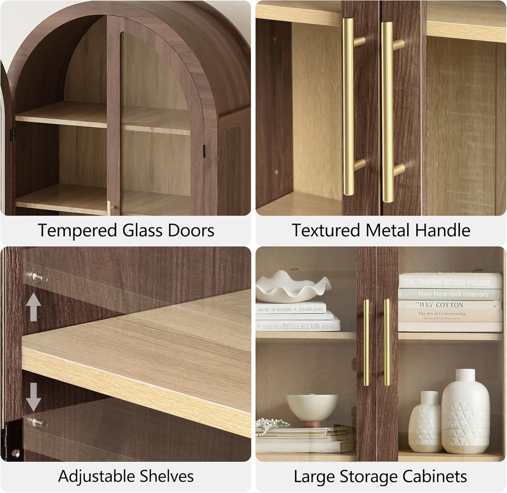 win2win Tall Arched Cabinet with Glass Doors, 69" Pantry Storage Cabinets with Fluted Doors & Adjustable Shelves, Mid Century Modern Wood Display Bookcase for Kitchen, Living Room, Bathroom, Walnut