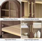 win2win Tall Arched Cabinet with Glass Doors, 69" Pantry Storage Cabinets with Fluted Doors & Adjustable Shelves, Mid Century Modern Wood Display Bookcase for Kitchen, Living Room, Bathroom, Walnut