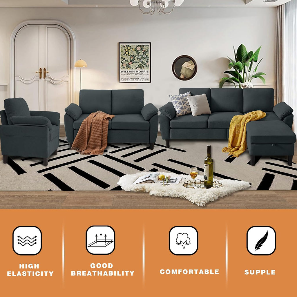 4 Piece Convertible Sectional Sofa Set, Modern Linen Small L Shaped Couch with Reversible Chaise, 3-Seater Sofa & Loveseat & Armchair for Living Room, Office, Apartment, Dark Grey