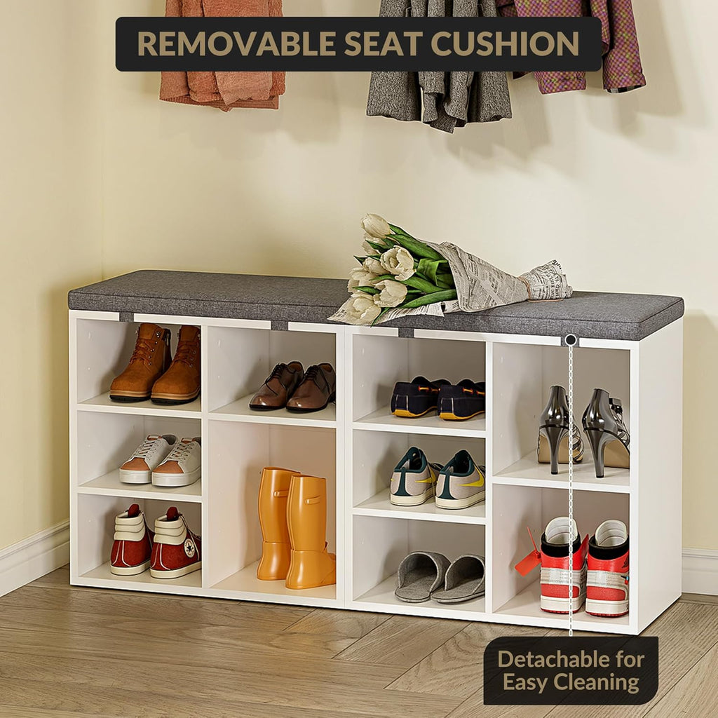 Shoe Bench with Padded Seat, 20'' Shoe Storage Bench with Adjustable Shelves & Side Pockets, 5 Cubes Storage Organizer for Entryway, Porch, Mudroom, Hallway(20''x12''x21''), White