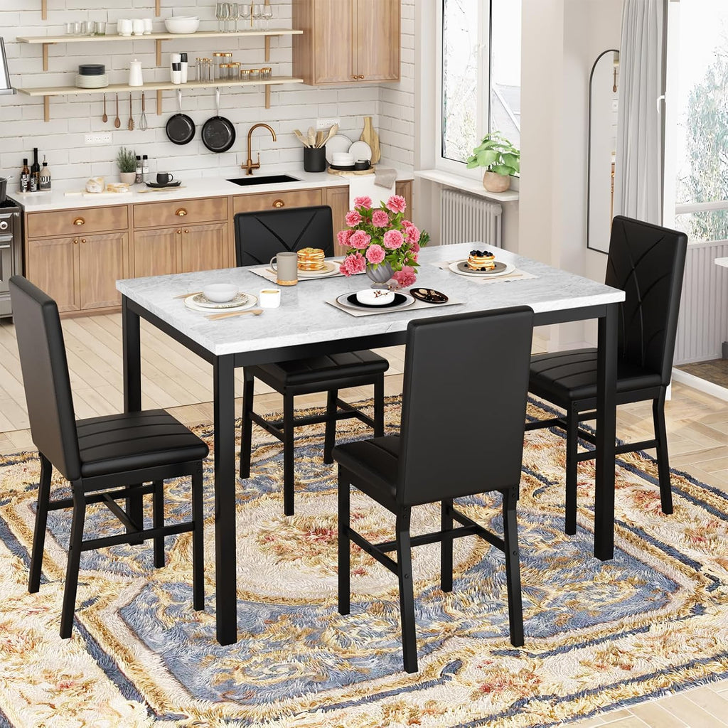 Hooseng Dining Table Set for 4 Faux Marble Kitchen Table and Chairs Set of 4,5 Piece with PU Leather Upholstered Dinner Chairs for Compact Dining Room,Small Space,Black
