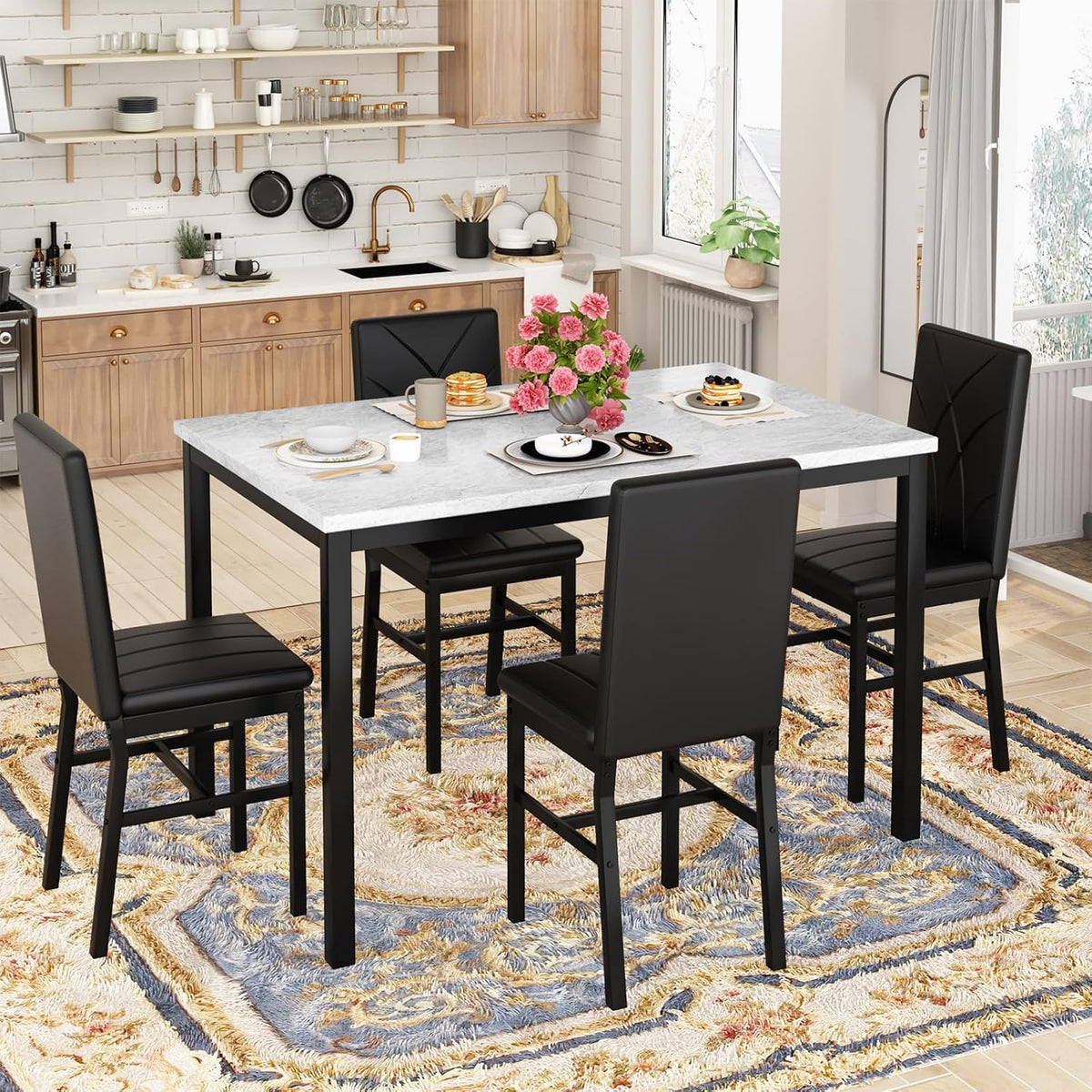 Hooseng Dining Table Set for 4 Faux Marble Kitchen Table and Chairs Set of 4,5 Piece with PU Leather Upholstered Dinner Chairs for Compact Dining Room,Small Space,Black