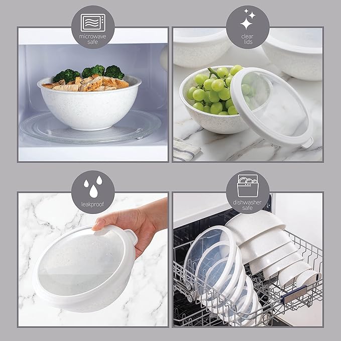 COOK WITH COLOR Mixing Bowls with TPR Lids - 12 Piece Plastic Nesting Bowls Set includes 6 Prep Bowls and 6 Lids, Microwave Safe Mixing Bowl Set (Speckled White)