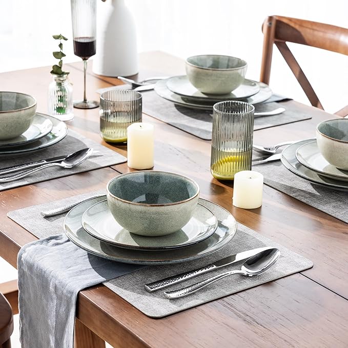 AmorArc Ceramic Dinnerware Sets for 4, 12 Pieces Handpainted Stoneware Plates and Bowls Set, Scratch Resistant Dishes Set, Dishwasher & Microwave Safe, Reactive Color
