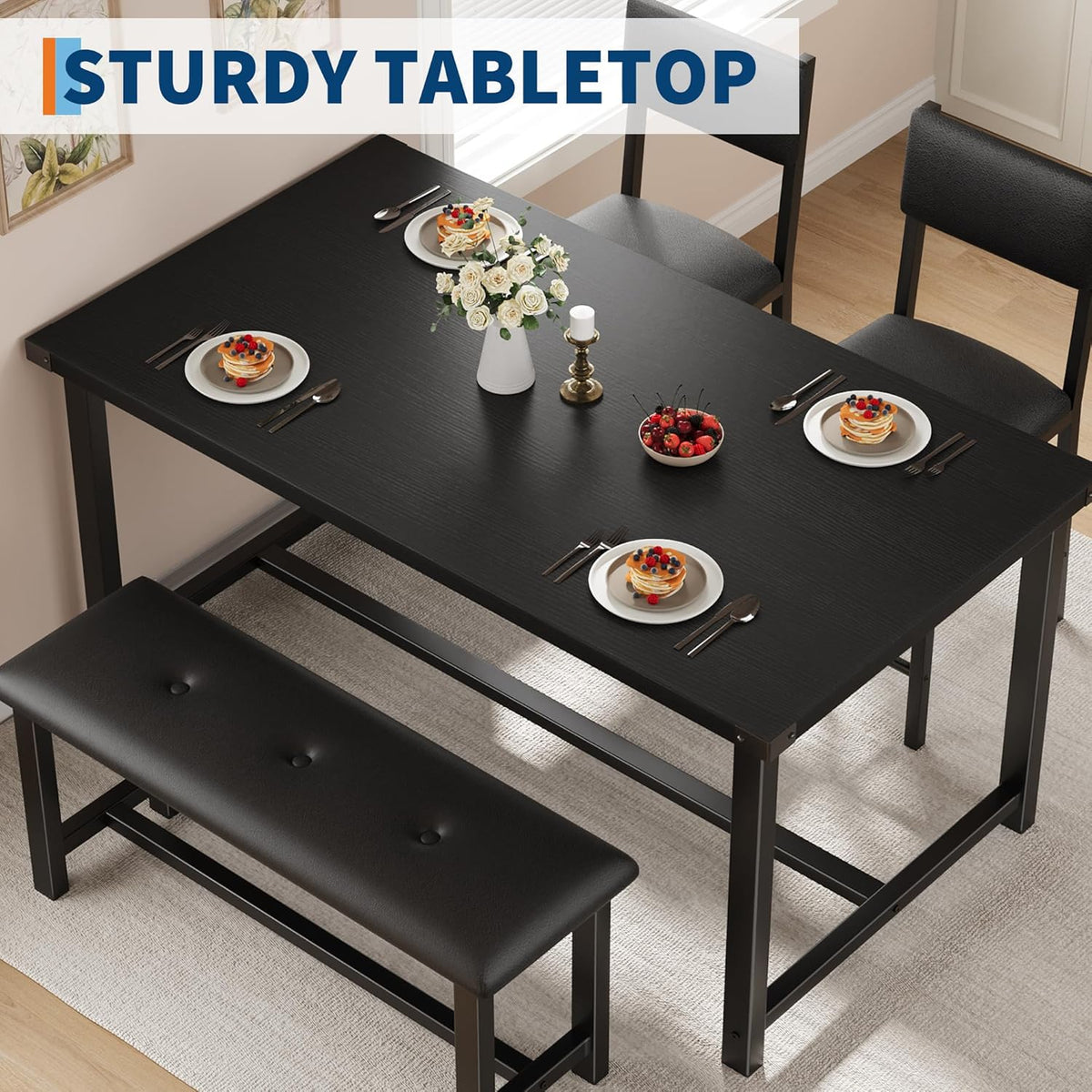 GarveeHome Dining Table Set for 4 with 2 Upholstered Chairs and Bench, 4 Piece Wood Kitchen Table Set for Small Spaces, Apartment and Dining Room, Retro Black