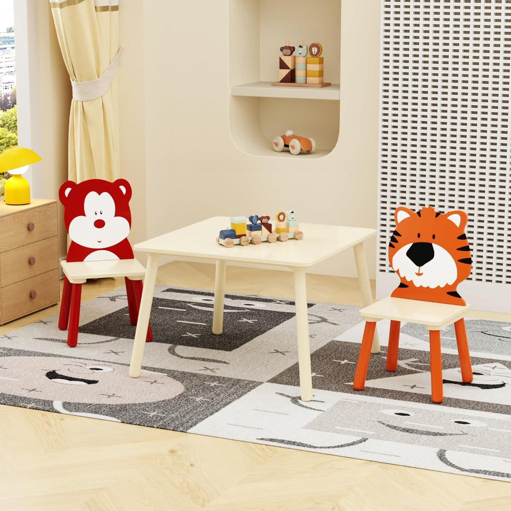Kids Table & 2 Chairs Set Bear Tiger Wooden 3-Piece Toddler Set