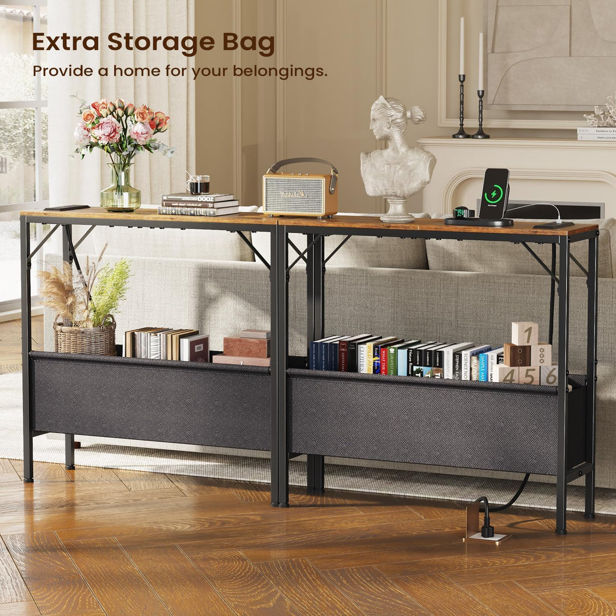 Asgolion 31.5" Console Table, 9.5" D Entryway Table with Power Outlets & USB Ports & Fabric Basket, Narrow Sofa Table for Hallway, Foyer, Living Room, Rustic Brown