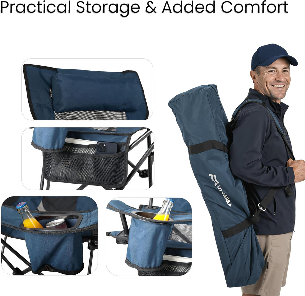 Portable Reclining Camping/Lounge Chair for Outdoor (1, Blue) | Soft Cushion, 4-Position Backrest, Removable Footrest, Cup Holder & Versatile Carry Bag