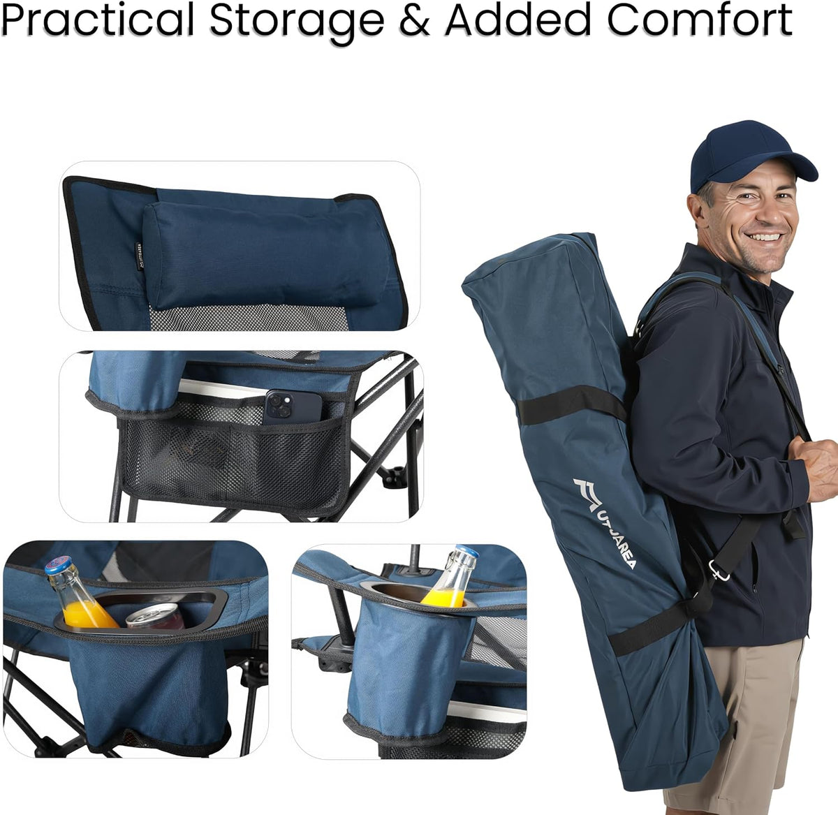 Portable Reclining Camping/Lounge Chair for Outdoor (1, Blue) | Soft Cushion, 4-Position Backrest, Removable Footrest, Cup Holder & Versatile Carry Bag