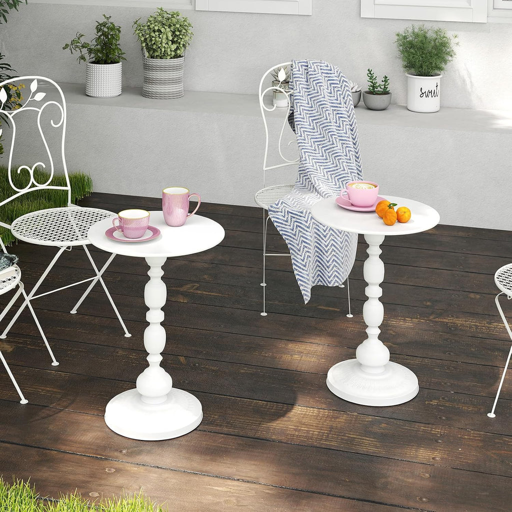 White Side Tables Set of 2 with Metal Pedestal Round End Tables for Small Spaces Living Room Bedroom or Patio Outdoor