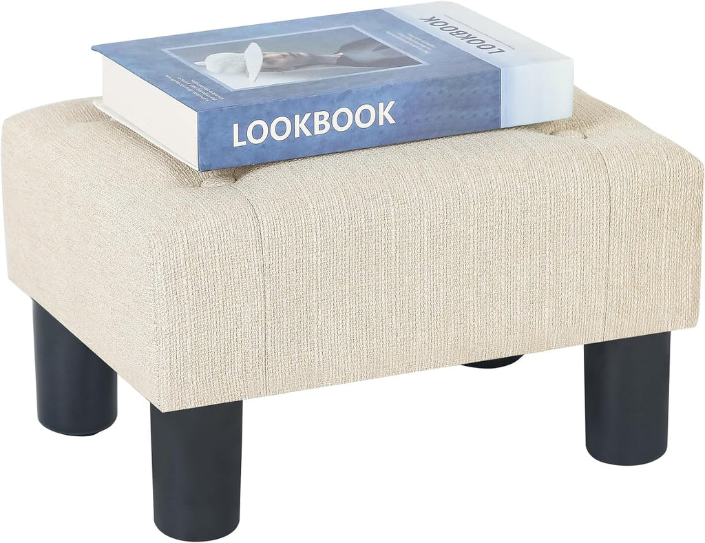 Adeco 15.4" Linen Upholstered Ottoman Footrest, Small Padded Foot Stool & Accent Seat with Wood-Look Legs, Modern Rectangle Stool for Living Room, Bedroom, Entryway, Beige