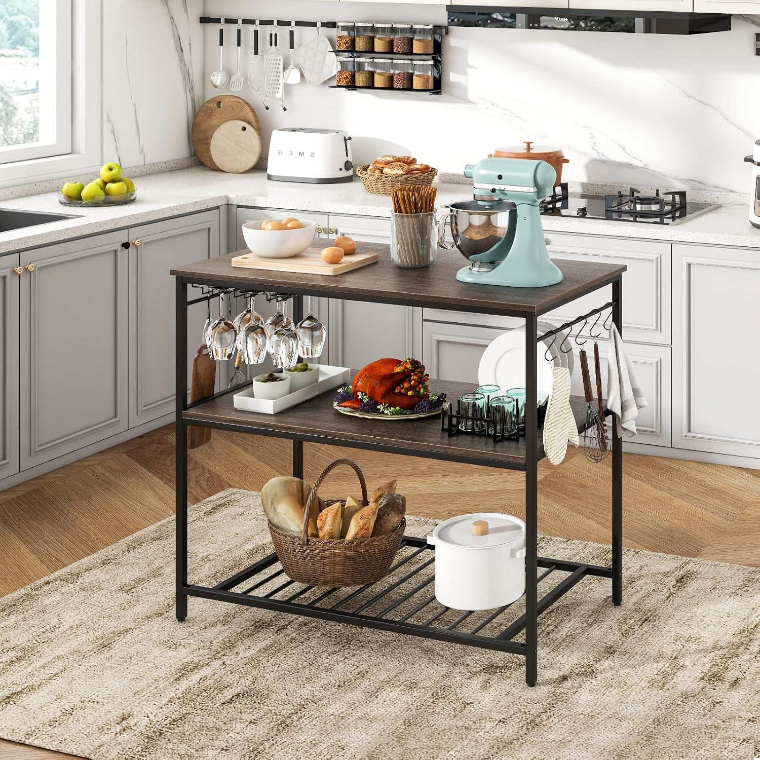 Giantex Kitchen Island with 3 Tier Storage Shelves, 48 Inch Baker Rack with Spacious Worktop, Industrial Kitchen Shelf, Sturdy Metal Frame, Easy Assembly (Gray & Black)