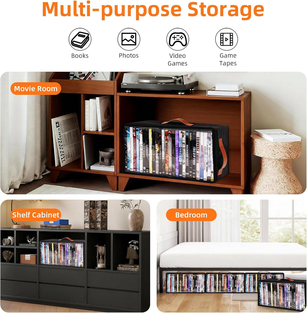 4 Pack DVD Storage Box, Stackable Oxford Fabric DVD Cases Holder with Front Zippered Clear Window and Handles, 15.7 x 7.9 x 6.1 In, Foldable DVD Organizer Rack, Holds Up to 100 DVDs (25 Each)