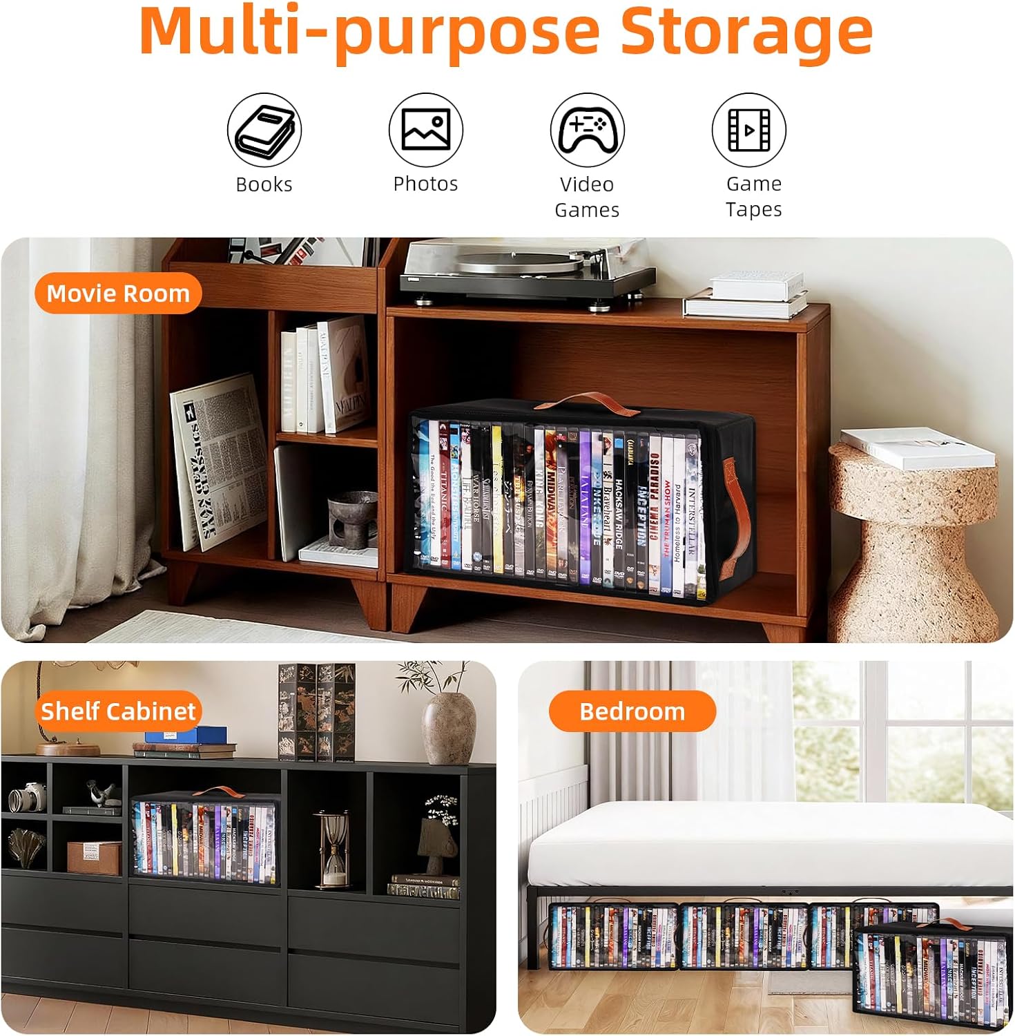 4 Pack DVD Storage Box, Stackable Oxford Fabric DVD Cases Holder with Front Zippered Clear Window and Handles, 15.7 x 7.9 x 6.1 In, Foldable DVD Organizer Rack, Holds Up to 100 DVDs (25 Each)