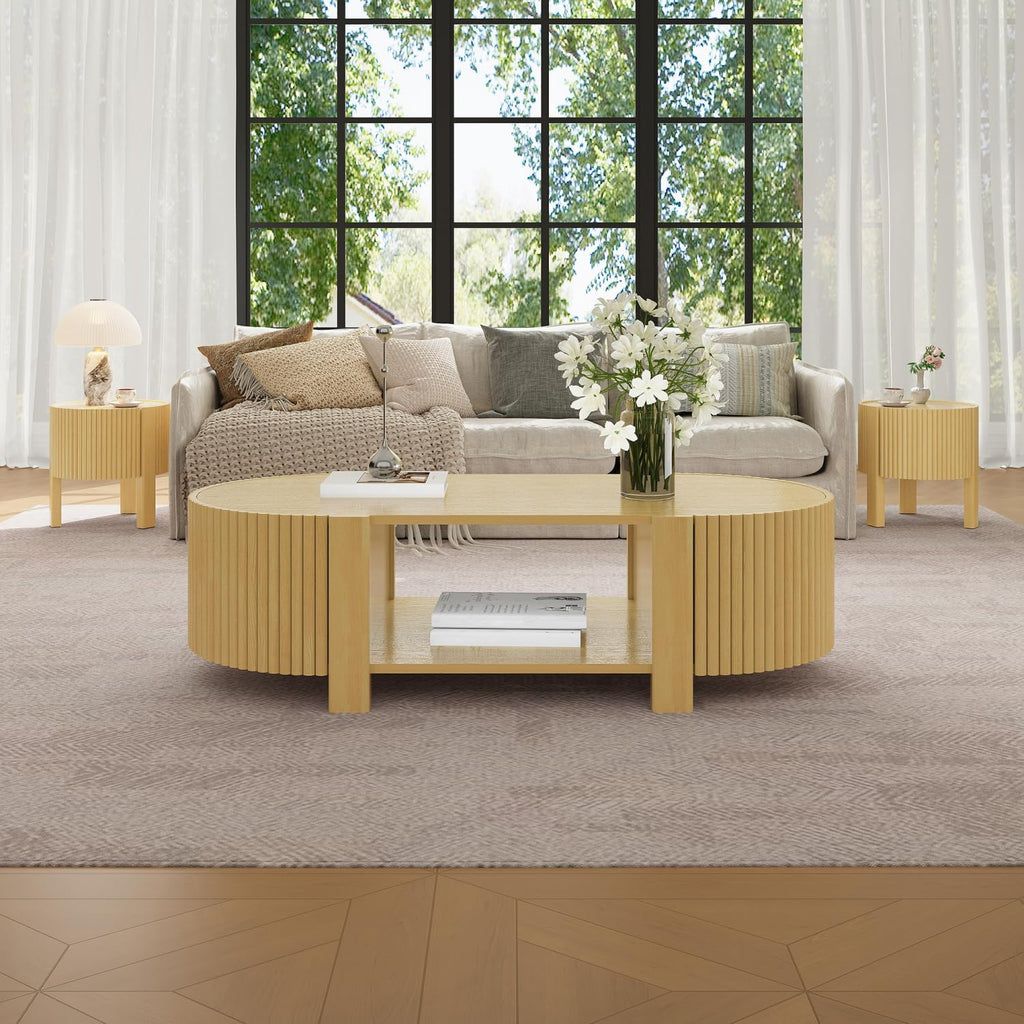 Living Room Table Set of 3 with 1 Coffee Table and 2 Side Tables, Rubber Solid Wood, Soft-Close Door, Natural, 47"