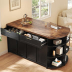 HSH 63 Inch Large Kitchen Island with Storage and Seating, Rustic Brown | Stationary Island Table with Storage Drawers, Cabinets, Oval Open Shelves, Wood Counter Prep Island for Kitchen Dining Room