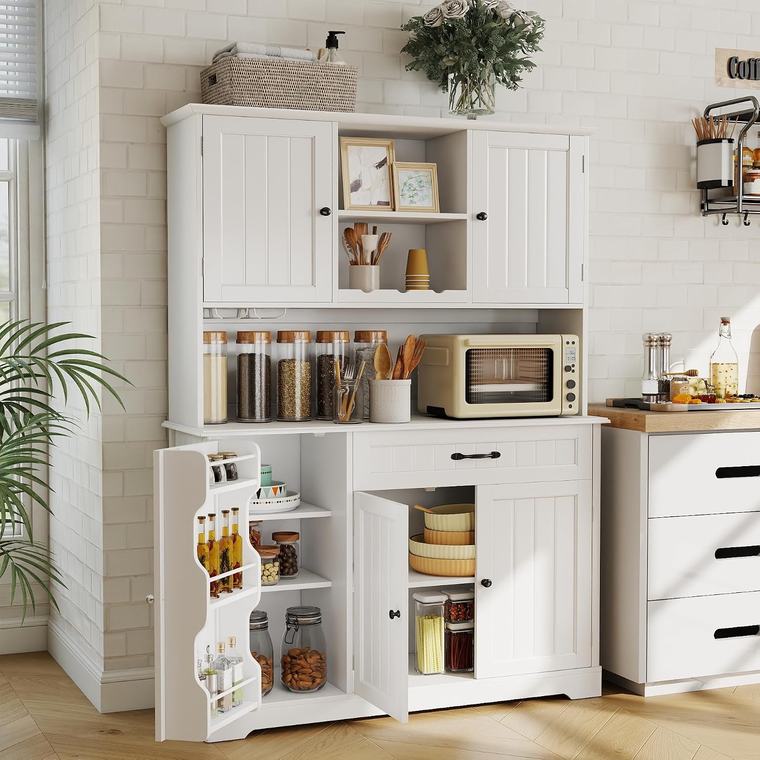 Gizoon Tall Kitchen Storage Cabinet with Door and Shelves White | Kitchen Pantry Cabinet with Storage 67" Large Coffee Bar Hutch with Storage for Dining Room Kitchen and Living Room, Painted