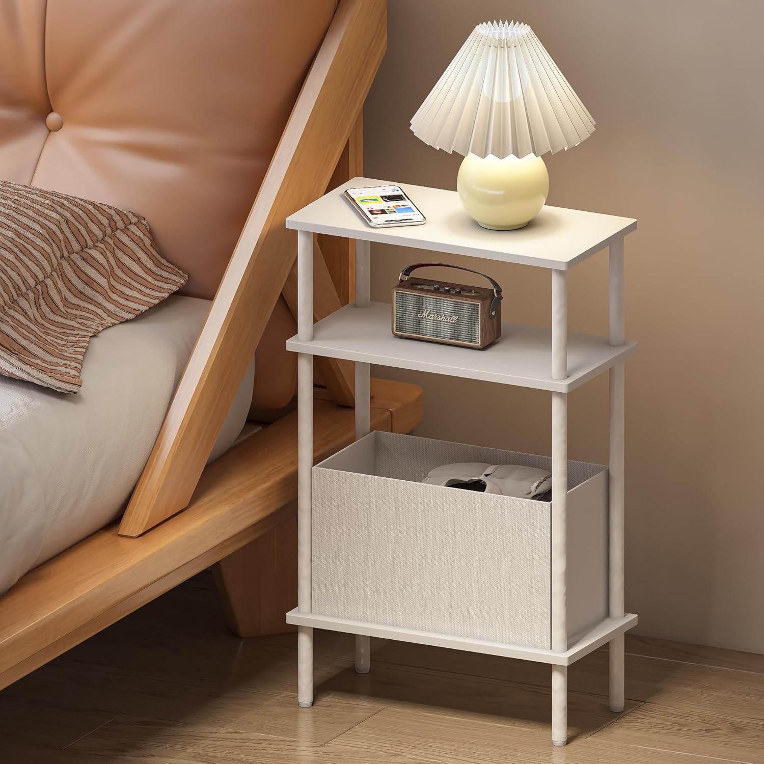 End Table with Storage Basket, Small Narrow Side Table for Bedroom Living Room, 3-Tier Slim Bedside Table, 25" H Nightstand with Fabric Shelf, White