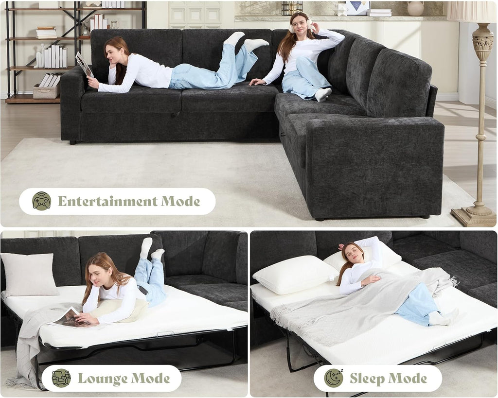 AMERLIFE 106" Sofa Bed, Couch with Pull Out Bed with Storage-Chenille Gray | Pull Out Couch Bed with Memory Foam Mattress, Resilient Cushion, Fluffy Backrest, Queen Size Sofa Bed for Living Room