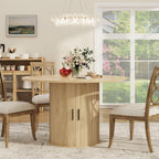 GarveeHome 47'' Round Dining Table with Hidden Storage for 4, Kitchen Dining Room Circle Dinner Pedestal Table with Slide Door Shelf, Space Saving Wood Furniture for Small Spaces, Dining Room, Natural