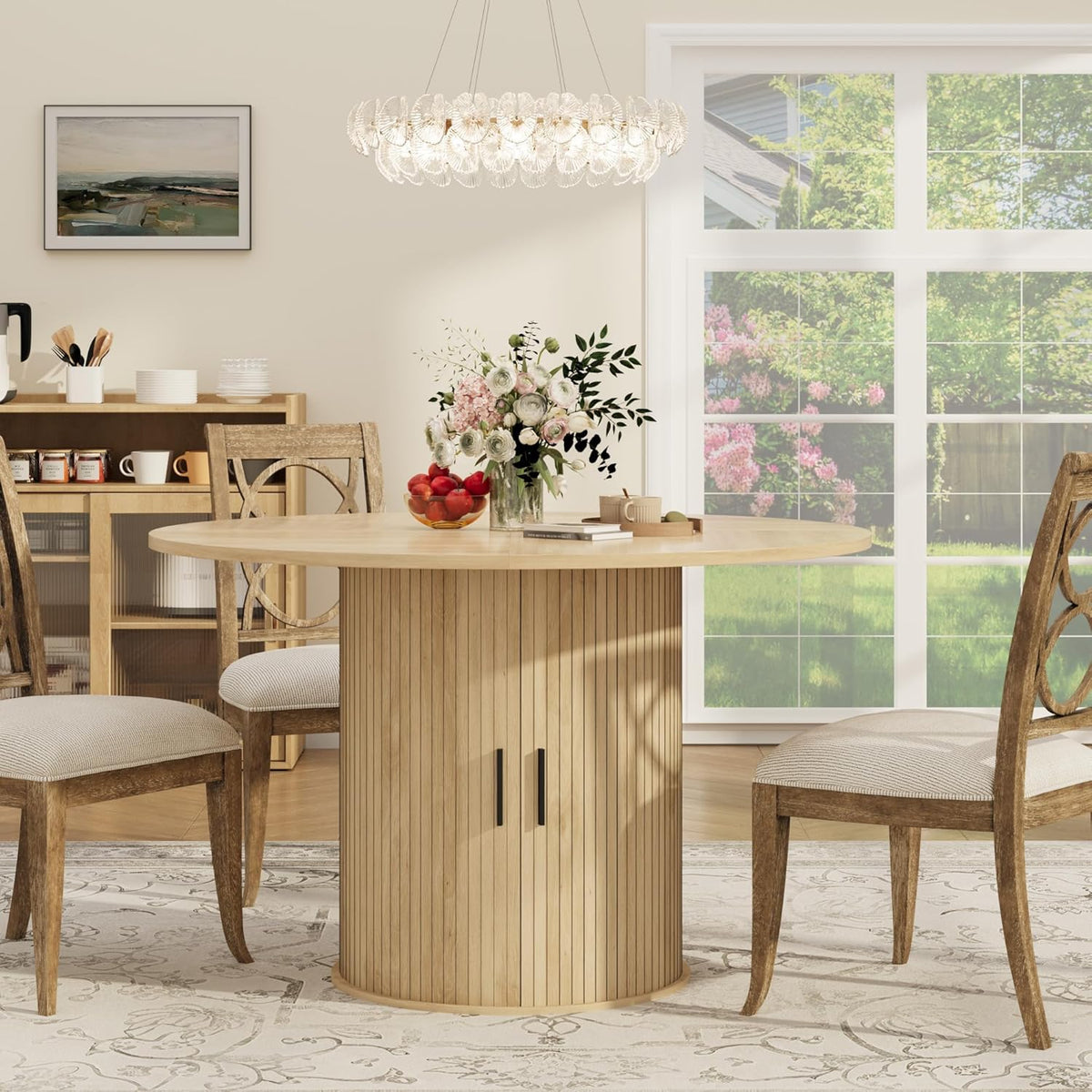 GarveeHome 47'' Round Dining Table with Hidden Storage for 4, Kitchen Dining Room Circle Dinner Pedestal Table with Slide Door Shelf, Space Saving Wood Furniture for Small Spaces, Dining Room, Natural