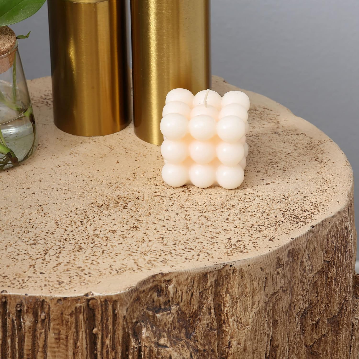 Tree Stump Stool, Decorative Side Table with Round Tabletop, Concrete End Table with Wood Grain Finish, for Indoors and Outdoors, Natural