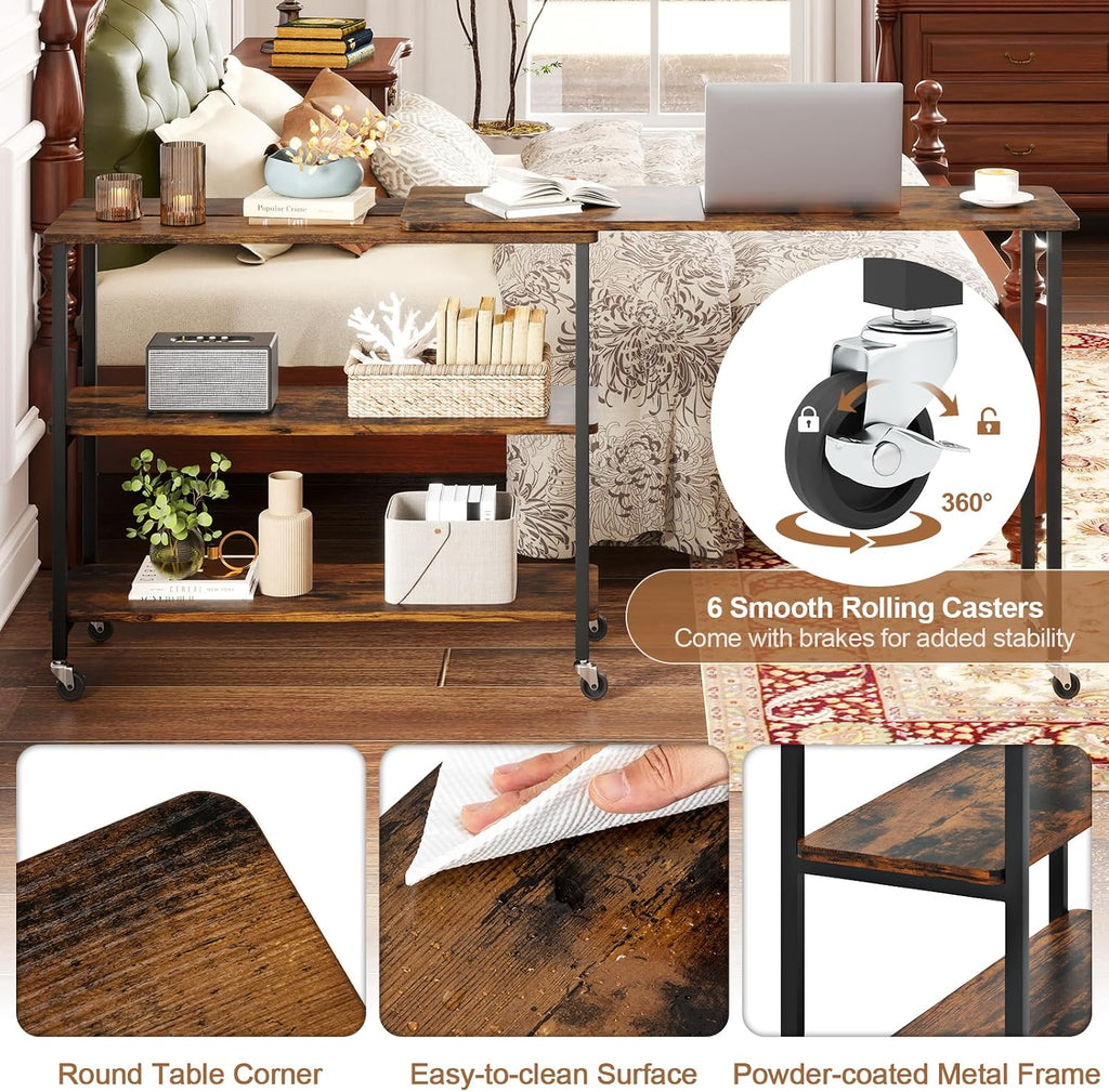 NAFORT 360° Rotating End Table with 6 Swivel Casters, Multi-Purpose Sofa Side Table with 265 lbs Weight Capacity, Rolling Couch Table with 2-Tier Storage Shelves, Rustic Brown