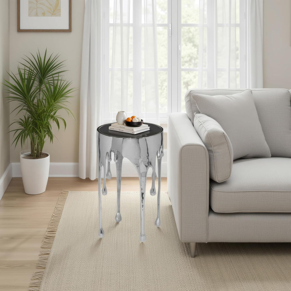 TUP THE URBAN PORT Capri Side End Table, 24.75 Inch Round Glass Top, Silver Finish, Melting Drip Design Base, Modern Glam Accent Table for Living Room, Bedroom and Home Decor Display