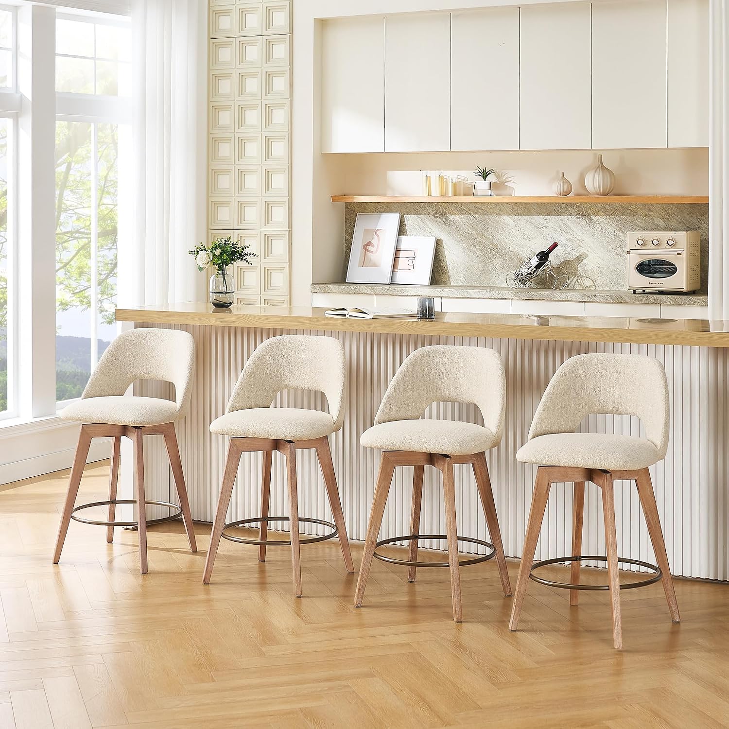Zesthouse Swivel Bar Stools Set of 2, Wood Counter Height Chairs with Backs | 26" Wooden Bar Stools with Distressed Solid Wood Leg, Upholstered Linen Fabric Barstools, Vintage Kitchen Island Chair, Beige